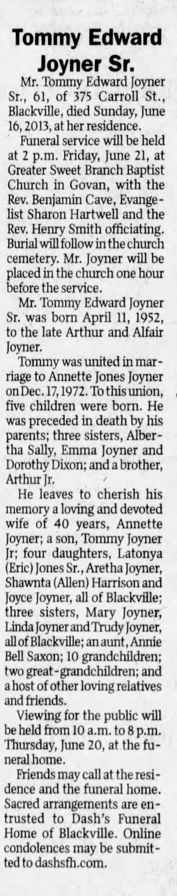 Obituary for Tommy Edward Joyner, 1952-2013 (Aged 61)
